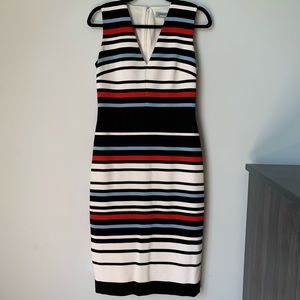 SZ6 MAGGY LONDON SLEEVELESS VNECK LINED SHEATH STRIPED DRESS BLUE BLUE WHITE RED